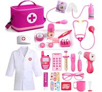 jerryvon Valigetta dottore bambini, kit medico 24 pezzi dai 3 anni | Kit medico bambini da 24 pezzi con suoni, luci, camice, cuffia e borsa rosa - gioco di ruolo dai 3 anni