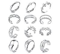 JeryWe 12 Pezzi Anelli Acciaio Inossidabile Donna Gioielli Estetici in Argento Impilabili Tendenza Anelli con Nocche e Pollice Indie Misura 6-9 Set di Anelli Aperti Regolabili（Stile1）