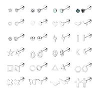 JeryWe 24 paia 20G in acciaio inox stella luna triangolo cuore disco palla bar CZ geometrico piccolo Screwback orecchini Piercing Set Piccoli orecchini cartilaginei per donne uomo argento