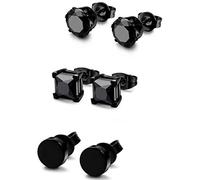 JeryWe 3 Paia Nero Orecchini Per Uomo Donna con Zirconi Acciaio Inossidabile Orecchini（4mm）
