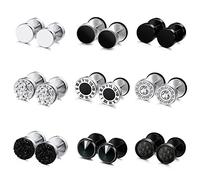 JeryWe 9 Paia Orecchini Borchie per Uomini Donne Acciaio Inossidabile Tondo Argento Nero Orecchini Finta Spina Orecchie Orecchio Vite Barbell Plugs Faux Misure Tunnel Orecchio 8MM
