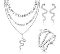 JeryWe Set Gioielli Serpente Argento per Donne Orecchini a Goccia Lunghi Punk Collana con Ciondolo di Serpente Brazaletes Brazo Superior Serpiente Regalo di Gioielli di Halloween