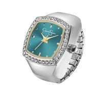 Jessica Simpson Orologio da donna ad anello in argento, lunetta con cuscino in cristallo, quadrante a raggi di sole color foglia di tè con dettagli dorati, cinturino di espansione elasticizzato