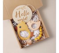 Jessruly Set regalo per neonati, elementi essenziali per il bagno e ciondolo massaggiagengive a forma di uccello, oggetti di scena per foto e cesto regalo per celebrare i primi momenti (giallo)