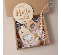 Jessruly Set regalo per neonati, elementi essenziali per il bagno e ciondolo massaggiagengive a forma di uccello, oggetti di scena e cesto regalo per celebrare i primi momenti (beige)