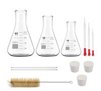 JESSTOLO 3 Pezzi Boccette di Erlenmeyer a Bocca Stretta 150ml 200ml 250ml | Set di 3 Matracci Erlenmeyer con Tappo di Gomma, con 3 Contagocce, 2 Bacchetta di Vetro et 1 Spazzolini di Pulizia
