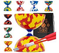 Jester Diabolo Set con bastoncini in fibra, corda per diabolo, in gomma media, con borsa per il trasporto a cascata (rosso e giallo)