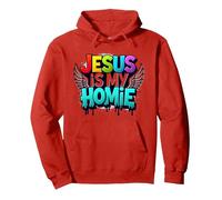 Jesus Is My Homie: Vibrant Rainbow Wings Dichiarazione di Fede Felpa con Cappuccio, Unisex per Adulti, Rosso, M