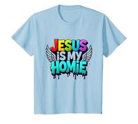 Jesus Is My Homie: Vibrant Rainbow Wings Dichiarazione di Fede Maglietta, Bambini, Celeste, 10 Anni