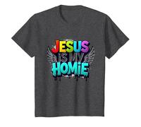Jesus Is My Homie: Vibrant Rainbow Wings Dichiarazione di Fede Maglietta, Bambini, Grigio Scuro, 10 Anni
