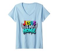 Jesus Is My Homie: Vibrant Rainbow Wings Dichiarazione di Fede Maglietta con Collo a V, Donna, Celeste, XL