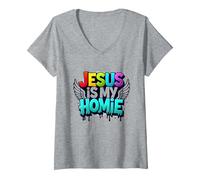 Jesus Is My Homie: Vibrant Rainbow Wings Dichiarazione di Fede Maglietta con Collo a V, Donna, Grigio Melange, S