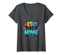 Jesus Is My Homie: Vibrant Rainbow Wings Dichiarazione di Fede Maglietta con Collo a V, Donna, Grigio Scuro, XXL