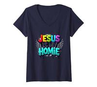 Jesus Is My Homie: Vibrant Rainbow Wings Dichiarazione di Fede Maglietta con Collo a V, Donna, Navy, XL