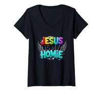 Jesus Is My Homie: Vibrant Rainbow Wings Dichiarazione di Fede Maglietta con Collo a V, Donna, Nero, S