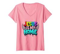 Jesus Is My Homie: Vibrant Rainbow Wings Dichiarazione di Fede Maglietta con Collo a V, Donna, Rosa, XL