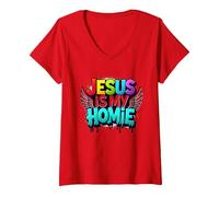 Jesus Is My Homie: Vibrant Rainbow Wings Dichiarazione di Fede Maglietta con Collo a V, Donna, Rosso, XXL