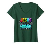 Jesus Is My Homie: Vibrant Rainbow Wings Dichiarazione di Fede Maglietta con Collo a V, Donna, Verde Foresta, XL