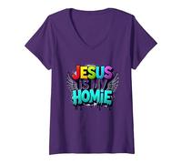 Jesus Is My Homie: Vibrant Rainbow Wings Dichiarazione di Fede Maglietta con Collo a V, Donna, Viola, S
