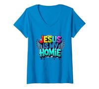 Jesus Is My Homie: Vibrant Rainbow Wings Dichiarazione di Fede Maglietta con Collo a V, Donna, Zaffiro, M