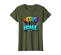 Jesus Is My Homie: Vibrant Rainbow Wings Dichiarazione di Fede Maglietta, Donna, Oliva, L