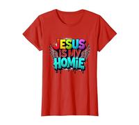 Jesus Is My Homie: Vibrant Rainbow Wings Dichiarazione di Fede Maglietta, Donna, Rosso, S