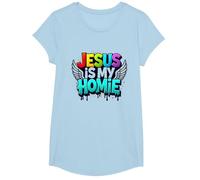 Jesus Is My Homie: Vibrant Rainbow Wings Dichiarazione di Fede Maglietta, Ragazze, Celeste, M