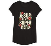 Jesus is My Super Hero Christians Bible Religious Maglietta, Ragazze, Nero, L