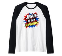 Jesus Is My Superhero Christian God Religious Comic Kids Boy Maglia con Maniche Raglan