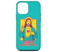 Jesus Loves You Sacro Cuore Christian Retro Pop Art Teal Custodia per iPhone 12 mini