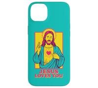 Jesus Loves You Sacro Cuore Christian Retro Pop Art Teal Custodia per iPhone 14 Plus