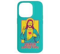 Jesus Loves You Sacro Cuore Christian Retro Pop Art Teal Custodia per iPhone 14 Pro