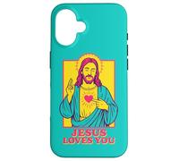 Jesus Loves You Sacro Cuore Christian Retro Pop Art Teal Custodia per iPhone 16
