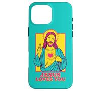 Jesus Loves You Sacro Cuore Christian Retro Pop Art Teal Custodia per iPhone 16 Pro Max