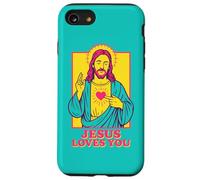 Jesus Loves You Sacro Cuore Christian Retro Pop Art Teal Custodia per iPhone SE (2020) / 7/8