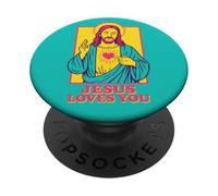 Jesus Loves You Sacro Cuore Christian Retro Pop Art Teal PopSockets PopGrip Adesivo