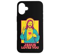 Jesus Loves You Sacro Cuore Fede Cristiana Retro Pop Art Custodia per iPhone 16 Plus