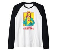 Jesus Loves You Sacro Cuore Fede Cristiana Retro Pop Art Maglia con Maniche Raglan
