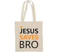 Jesus Saves Bro - Borsa tote in cotone naturale con logo cristiano, stile minimalista, colore bianco