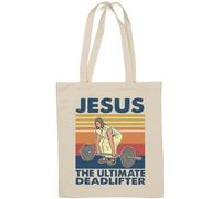 Jesus The Ultimate Deadlifter - Borsa a tracolla in cotone naturale con grafica divertente, colore: bianco