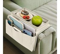 Jesustree Organizzatore Divano, Portaoggetti per Vassoio Bracciolo da Divano Borsa con 5 Tasche per Telecomandi, Resistente Antiscivolo per Poltrona Divano, Telefoni, Libri, Riviste, Bianco