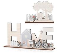 Jetec 2 Pezzi Regali di Inaugurazione della Casa Decorazione Casa in Legno Supporto Decorativo Scritta HOME Espositore Albero per Soggiorno Davanzale Corridoio Camera da Letto Natale Sposi