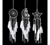 Jetec 3 Acchiappasogni con Design a Luna Sole Stella Fatto a Mano Ornamento Tradizionale Artigianale per Parete Decorazioni da Appendere per Casa Camera Matrimonio Regali (Bianco)