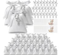 Jetec 50 Sets Sacchetti Confetti Comunione Cresima Battesimo Portachiavi Croce Bigliettini Bomboniere Sacchetto Bianco con 1 Nastro Regali Portaconfetti Comunione per Festa Matrimonio