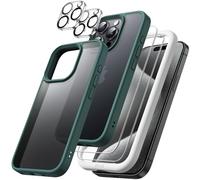 JETech 5 in 1 Cover Opaca per iPhone 15 Pro Max 6,7 Pollici con 2 Vetro Temperato Pellicola Protettiva e 2 Lente Fotocamera Protezione, Traslucida Retro Antiurto (Verde Scuro)