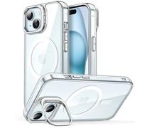 JETech Cover Cavalletto per iPhone 15 6,1 Pollici Compatibile con MagSafe, Integrato Supporto Anello Fotocamera, Antiurto Custodia, Magnetica Antigraffio Chiaro Retro (Trasparente)