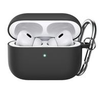 JETech Cover in Silicone per AirPods Pro 2/1, con Portachiavi, Nero | Interno PC Rigido, Custodia Protezione Antiurto, LED Frontale Visibile