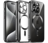 JETech Cover Trasparente Morbida per iPhone 15 Pro Max 6,7 Pollici, Obiettivo per Fotocamera Protezione Completa, Compatibile con MagSafe Ricarica Wireless, Custodia Placcatura con TPU (Nero)