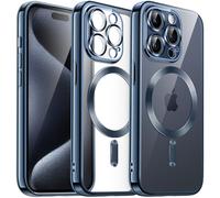JETech Cover Trasparente Morbida per iPhone 15 Pro Max 6,7 Pollici, Obiettivo per Fotocamera Protezione Completa, Compatibile con MagSafe Ricarica Wireless, Custodia Placcatura con TPU (Blu)
