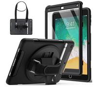 JETech Custodia per iPad 9,7 Pollici (6a/5a Generazione, Modello 2018/2017) con Integrato Pellicola Prottetiva, Cover per Robusta e Antiurto, Tracolla Supporto Rotante 360 Gradi (Nero)